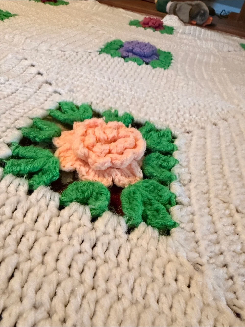 Vintage Handmade Crochet Floral Square Throw Blanket
